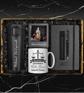 Avukatlara Özel Tasarım Kişiye Özel Siyah Defter & Siyah Kupa & 400 ML Çelik Termos & Deri Kılıflı Touch Pen Kalem & Fotoğraf Çerçevesi