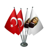 Masa Üstü Atatürk Bayrağı Türk Bayrağı Dörtlü Krom Direk Masa Bayrak Seti