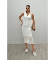 Desenli Dantel Kumaş Kalem Elbise - BEYAZ
