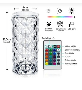 Kristal Elmas Led Dokunmatik Şarjlı Kumandalı Masa Lambası RGB
