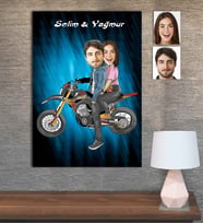 Kişiye Özel Karikatür Baskılı Ahşap Motorcu Sevgili-1 30x40