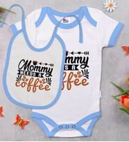 BK Kids Mommy Needs A Coffee Tasarımlı Mavi Bebek Body Zıbın ve Mama Önlüğü Hediye Seti-1
