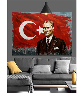 Türk Bayrağı Önünde Atatürk Dekoratif Kanvas - Mdf Ahşap Tablo