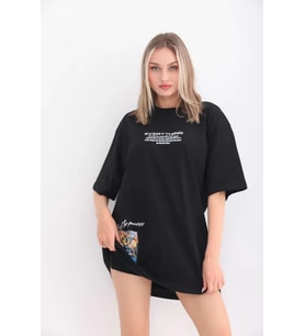 Unisex Bisiklet Yaka Baskılı Oversize T-Shirt - Siyah