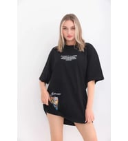 Unisex Bisiklet Yaka Baskılı Oversize T-Shirt - Siyah