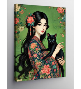Kanvas Tablo Japon Kadın ve Siyah Kedi