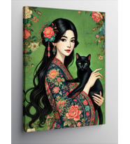 Kanvas Tablo Japon Kadın ve Siyah Kedi