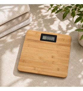 Banyo Baskülü Bambu Desenli LCD Ekranlı Vücut Tartısı, 180 KG Kapasiteli, Sıcaklık Göstergeli, Otomatik Açılıp Kapanan Kişisel Tartı