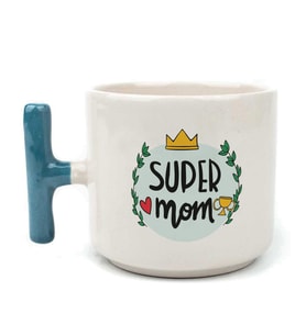 Super Mom Yazı Baskılı Mavi Kulplu T Kupa
