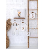 Pia Baby Premium %100 Pamuk İsme Özel Bebek Hediye Seti Zıbın Yastık Kılıfı 5063-06 (Ekru)