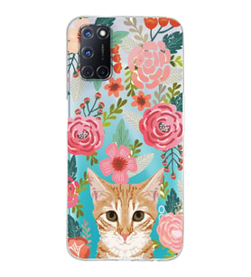 Oppo A52/A72/A92 Uyumlu Kedi ve Çiçek Desenli Şeffaf Telefon Kılıfı