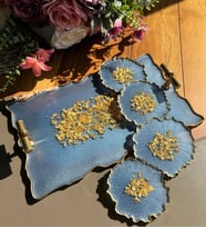 Altın Varaklı Dalgalı Desenli Iki Kişilik Söz Nişan Damat Epoksi Sunum Tepsi Bardak Altlığı Seti (Natural-Mavi)