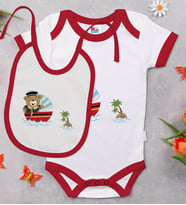 BK Kids Sevimli Kaptan Tasarımlı Kırmızı Bebek Body Zıbın ve Mama Önlüğü Hediye Seti-2