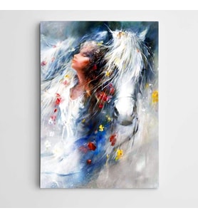 Beyaz At Kadın ve Çiçekler Modern Sanat Kanvas Tablo