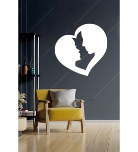 Kalp I?çinde Çift Romantik Ahşap Duvar Dekoru - 3 Mm Mdf - 35x35 Cm (Beyaz)