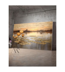 Kanvas Tablo Gold Tasarım Lotus Çiçeği Dekoratif Kanvas Tablo 35 X 50