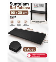 5’li Set - 90x30 cm Suntalam Mağaza Rafı Siyah Geniş Ahşap Raf Tablası Konik Dikme Uyumlu