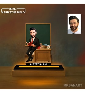 Erkek Sınıf Öğretmeni Temalı Kişiye Özel Karikatürlü 14 cm MDF Işıklı Biblo - Öğretmen Hediyesi Öğretmene Özel Hediye