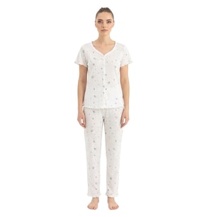 Seamlife Kadın %100 Pamuk Kalp Desenli Önü Düğmeli Kısa Kollu Pijama Takımı 18121787 (Beyaz)