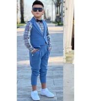 Erkek Çocuk Gümüş Düğme Detaylı Yelek Papyonlu Ekose Çizgili Gömlek Mavi Alt Üst