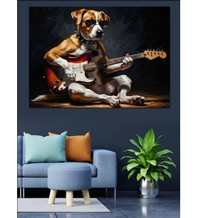 Gitar Çalan Karizmatik  Köpek Dekoratif Kanvas - Mdf Ahşap Tablo