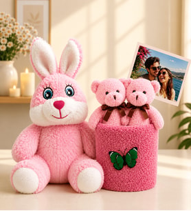 Kişiye Özel Fotoğraflı 2'li Peluş Ayıcık Buketi ve Pembe Peluş Tavşan Hediye Seti