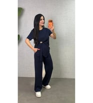Kadın Kısa Kollu Bisiklet Yaka Yandan Toka Detaylı Viskon Iki Iplik Bluz Ve Pantolon Ikili Takım