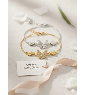 925 Ayar Papatya Silver Papatya Kelebek Bileklik.rose.gold.rodaj