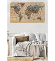 Ahşap Görünümlü Türkçe Eğitici Detaylı Atlası Dünya Haritası Duvar Sticker-60x105-3844