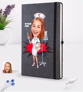 BK Gift Kişiye Özel Hemşire Karikatürlü Siyah Termo Deri Defter 16x24cm Model 2