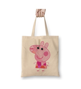 Chibi Peppa Pig Beyaz Bez Çanta Uzun Saplı Alışveriş Çantası Plaj Çantası