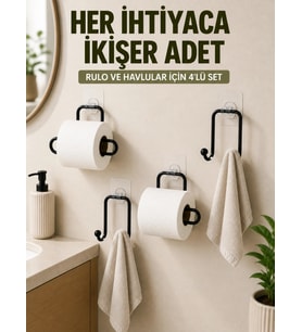 Yapışkanlı Banyo Düzenleme Seti 2 Rulo Tutucu 2 Havlu Askılığı 4 Parça