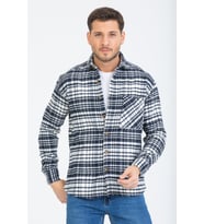 Mero Life Erkek Lacivert Oversize Çizgili Ekoseli Pamuklu Kalın Kumaş Oduncu Ceket Gömlek