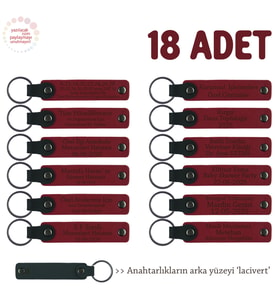 Kamp Arkadaşlarına Anı Olarak, 18'li Set, Kişisel Mesajlı Deri Anahtarlık, Kırmızı & Lacivert