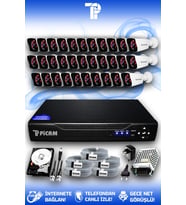 PICAM 32 Kameralı Kare 32 Dış Kamera Set 250 GB HDD Full HD Gece Görüşlü Güvenlik Kamerası Sistemi