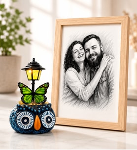 Kişiye Özel Karakalem Fotoğraflı Ahşap Çerçeve ve Baykuş Tasarımlı Masa Lambası