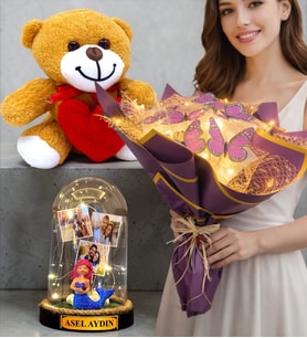 Kişiye Özel Premium Set Led Işıklı Kelebek Buketi Peluş Ayıcık ve Led Işıklı Fanus (Model 7)