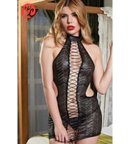 Gallipoli 8432 Kadın Fantezi Zigzag Deri Görünümlü Babydoll String Takım (Siyah)
