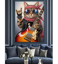 Gitar Çalan Gözlüklü Kedi Dekoratif Kanvas - Mdf Ahşap Tablo
