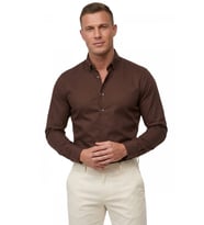 DeepSEA Kahve Slim Fit Likralı Kolay Ütülenebilir Gizli Düğmeli Erkek Gömlek 2602614