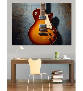 Müzik Notaları Ve Elektro Gitar Dekoratif Kanvas - Mdf Ahşap Tablo