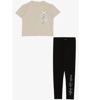 Breeze Kız Çocuk Taytlı Takım Çiçek & Yazı Baskılı Fiyonklu 5-10 Yaş, Bej