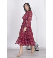 Neşeli butik kadın astarlı etnik desenli şifon elbise RSNB002 - Bordo