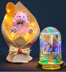 Size Özel Renkli Led Işıklı Fanus ve Led Işıklı Pembe Ayıcık Buketi Hediye Seti (Model 6)