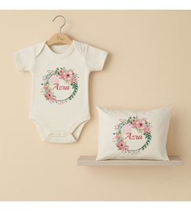 Pia Baby Premium %100 Pamuk İsme Özel Organik Baskılı Çıtçıtlı Bebek Body Ve Yastık Kılıfı 5013-19 (Ekru)