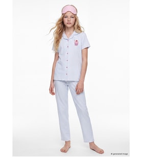 LCW Kids Beyaz Gömlek Yaka Çizgili Kız Çocuk Pijama Takımı