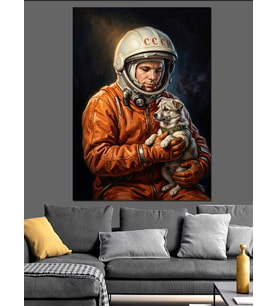 Kedisiyle Duran Modern Turuncu Astronot Dekoratif Kanvas - Mdf Ahşap Tablo