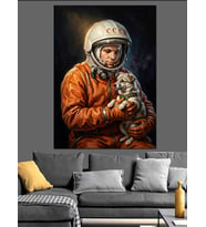 Kedisiyle Duran Modern Turuncu Astronot Dekoratif Kanvas - Mdf Ahşap Tablo