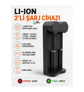 LI-ION 2’li Pil Şarj Cihazı 18650 21700 Uyumlu LED Göstergeli Micro USB Lityum Pil Şarj Aleti Fener ve Cihaz Pili