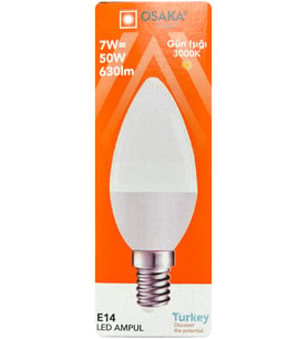 (1 Adet) Osaka 7W (50W) Sarı Işık (3000K) E14 Duylu (İnce Duy) Led Mum Ampul